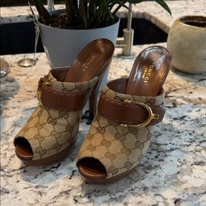 Gucci Tan and Brown Monogram Mules